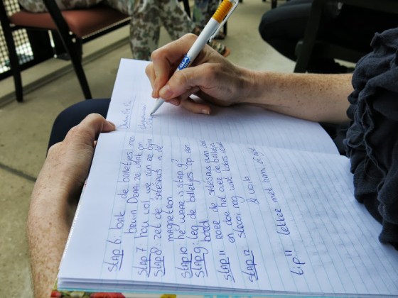Writing down my chicken pot pie recipe for Sofie's recipe book