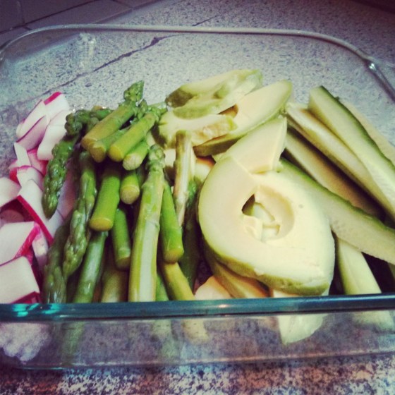 Spring veggies for the sushi wraps: radishes, asparagus, avocado, and cucumber