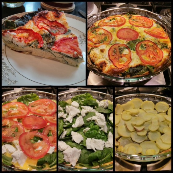 Goat cheese, spinach, and tomato quiche (with a potato crust)
