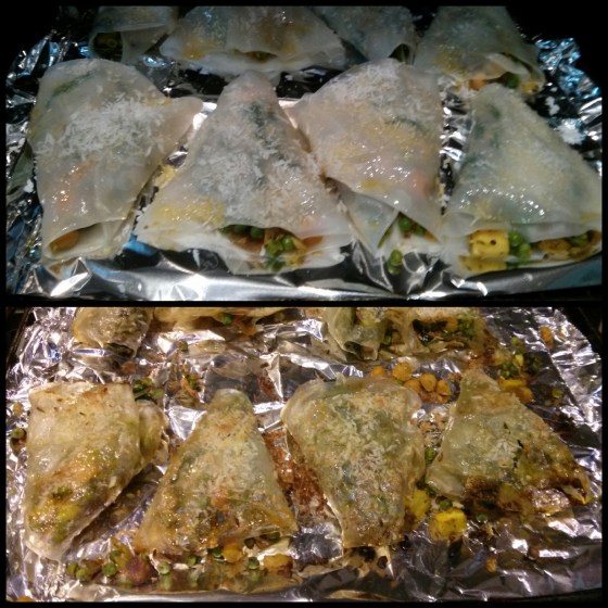 The samosas going in and coming out of the oven!