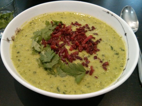 Chilled Parsley and Pea Soup, topped with bacon
