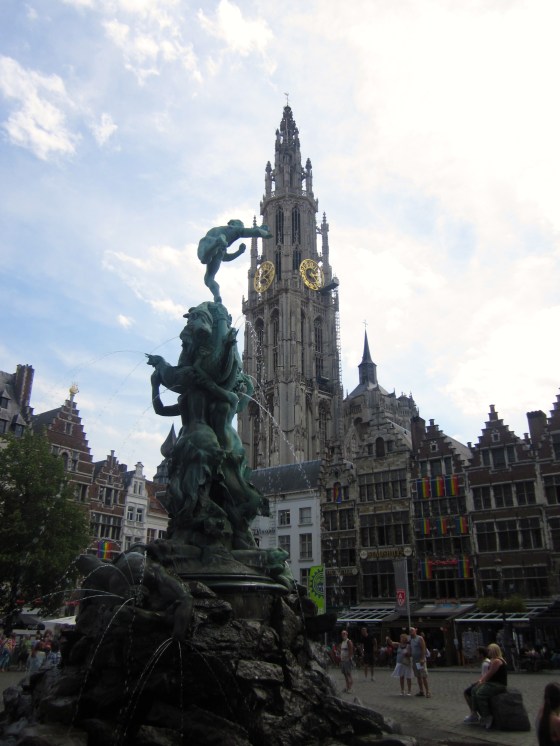 Back of the Brabo statue, with the Cathedral in view