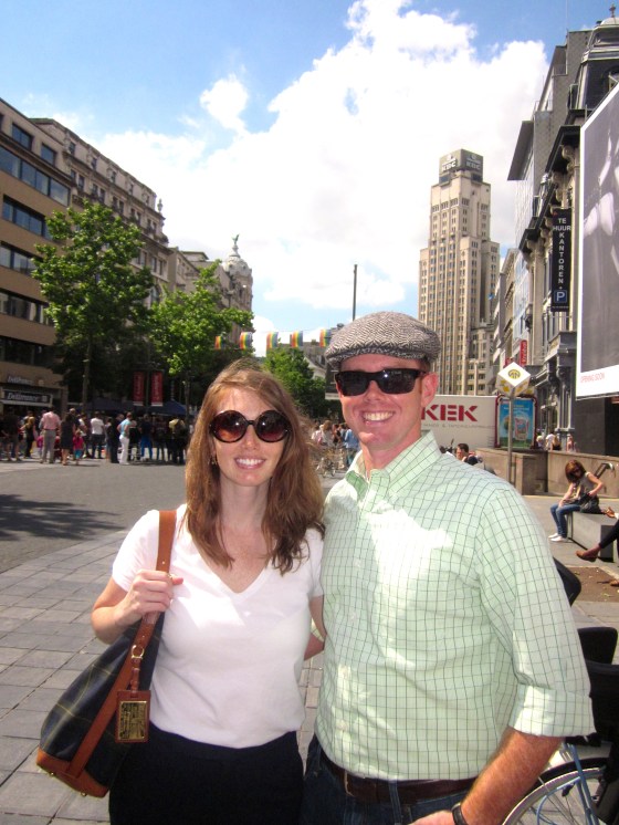 Grayson and me on the Meir with Europe's first skyscraper in the background