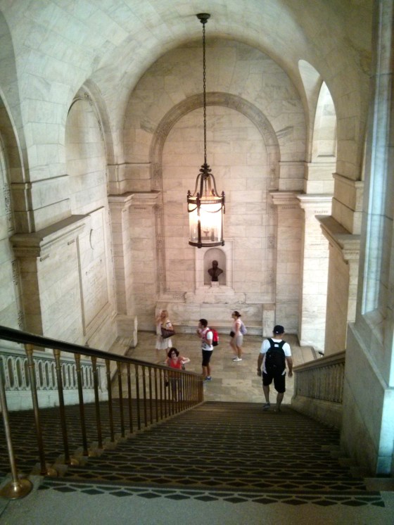 Walking down the stairs in the library