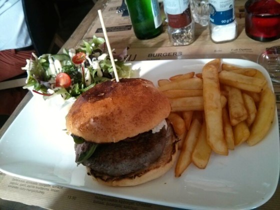 Koen's plate: The Deer Hunter; 100% deer patty, with smoked duck, lettuce, Belgian endive, fresh peer, cranberry jam with red wine sauce, and homemade honey mayonnaise