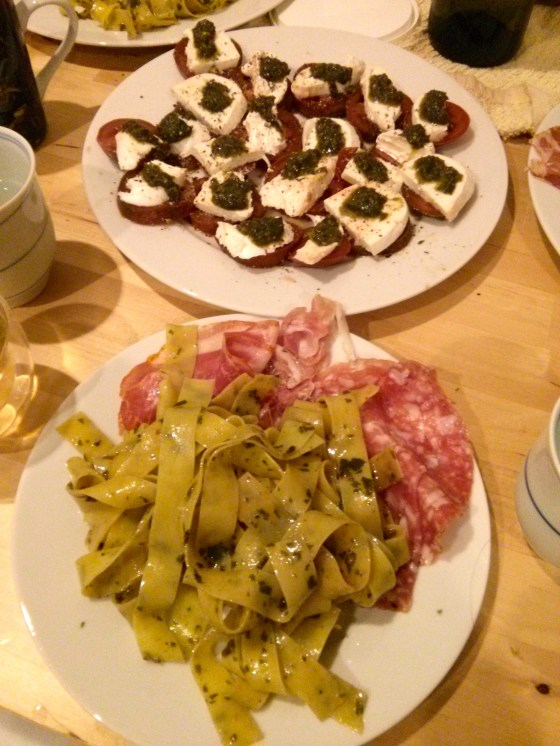 Birthday dinner of parpadelle with pesto and tomato slices with mozzarella and pesto!