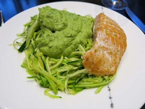 Zucchini noodles with avocado cream sauce and salmon pre-concert