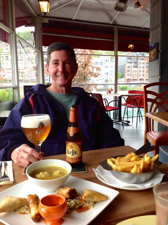 Dad with his beer and our Asian snacks and fries