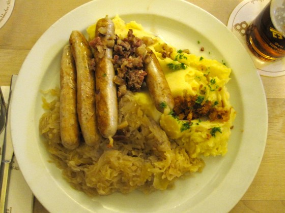 My mom and I both ordered the "Spanferkel-Bratwürstchen mit Weinsauerkraut, Kartoffelpüree, Speck und Zwiebeln" or "Pork bangers with sauerkraut, mashed potatoes, bacon and onions" - soooo delicious!!!