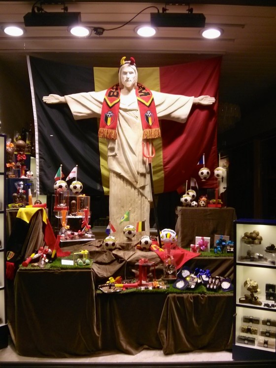 Chocolate shop in Antwerp supporting the Red Devils in Brazil