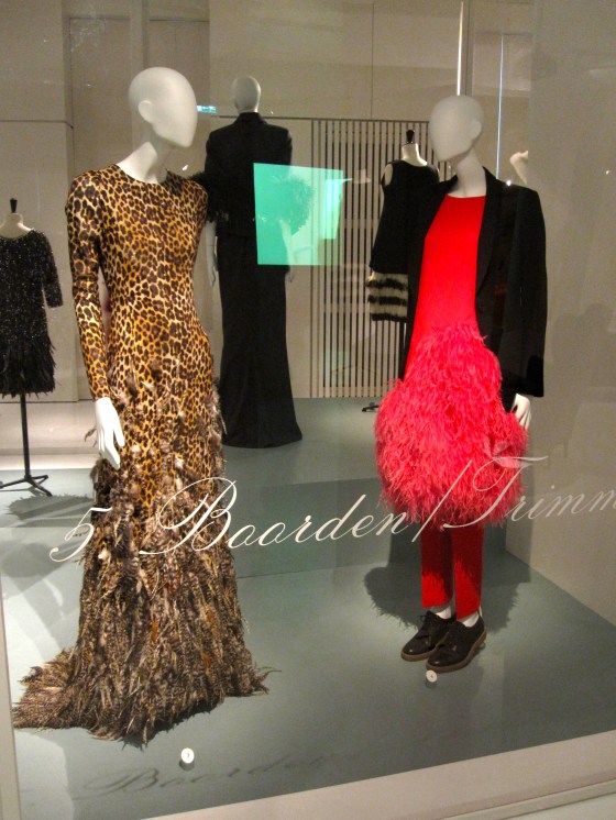 Left: Giambatista Valli, Haute Couture Autumn-Winter 2011-2012; Dress in silk crepe with leopard print, the skirt embellished with applied pheasant feathers Right: Dries Van Noten, Autumn-Winter 2013-2014; Skirt covered with dyed ostrich feathers