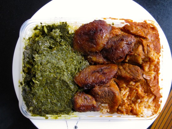 Rice with pondu, plantains, and Congolese beef covered in peanut sauce