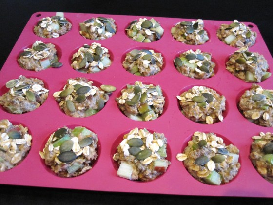 Topped with oats and pumpkin seeds, ready to go in the oven