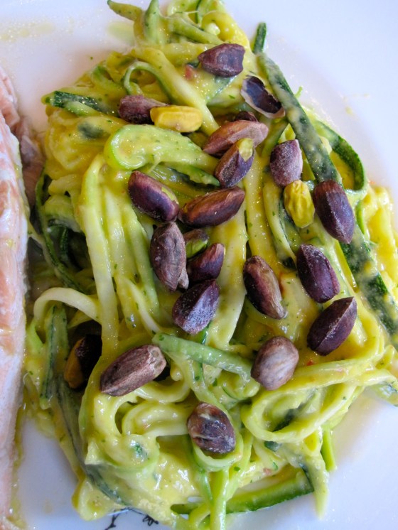 Mint & Mango Marinated Zucchini Spaghetti topped with Pistachios
