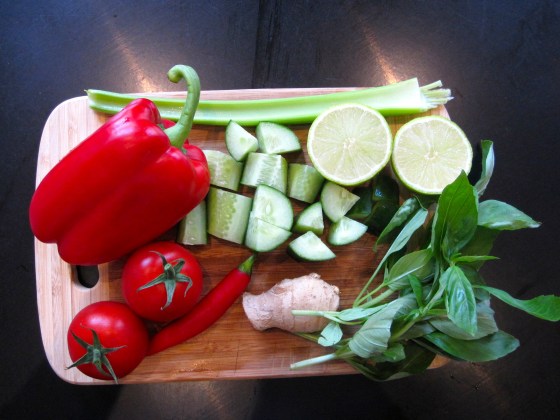 The other ingredients: red bell pepper, tomatoes, chili pepper, ginger, cucumber, celerly, basil and lime