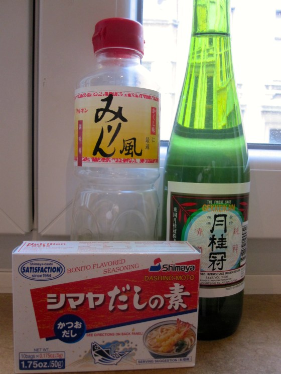 My almost empty bottle of mirin, sake, and dashi broth