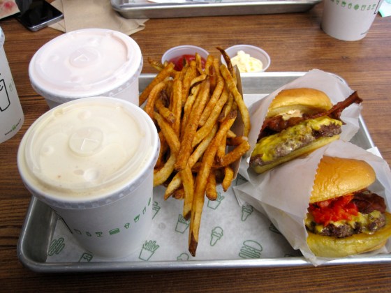 Delicious lunch: 2 Smoke Shacks (Cheeseburger topped with all-natural applewood smoked bacon, chopped cherry pepper and ShackSauce), frieds, and milkshakes