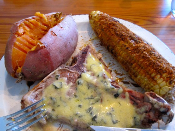 Mmm...steak with bearnaise sauce, sweet potato, and Mexican street corn