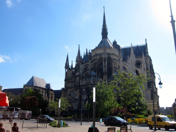 The back of the famous Cathedral of Reims - our view from the café