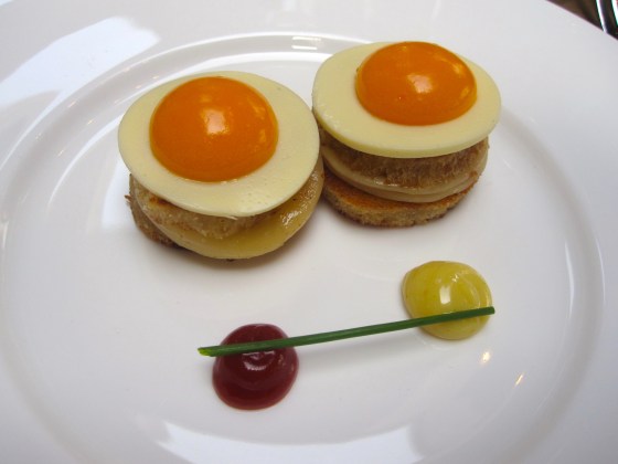 Croque Madame with slow cooked egg yolk and jellied sour cream