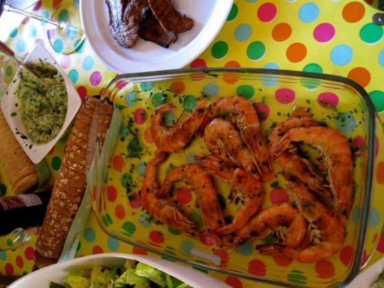 Starters: Shrimp, bacon, bread with herb butter, salads, mmm...