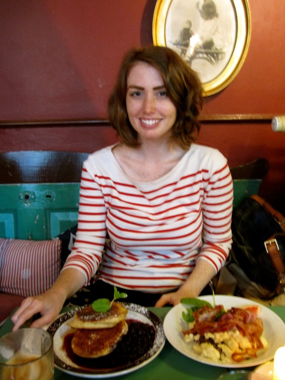 Me with my giant brunch - couldn't decide so I ordered the blueberry pancakes and the scrambled eggs with bacon!