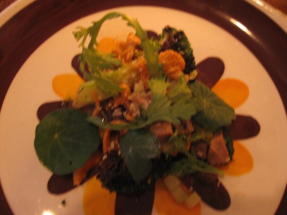 Braised veal tongue, gooseberries, pickled chanterelle mushrooms and grilled broccoli