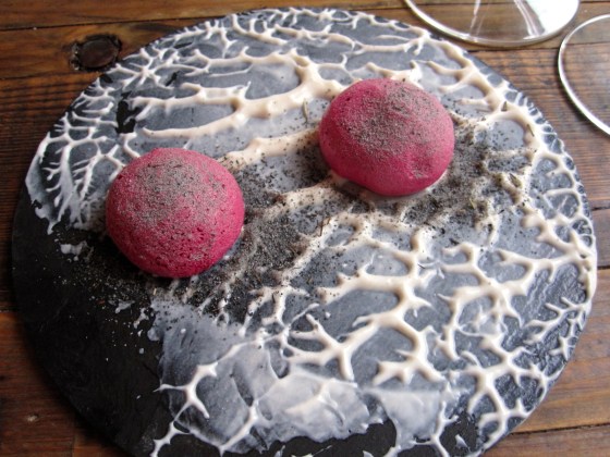 Beetroot meringue with salted and smoke yoghurt topped with burnt hay ash