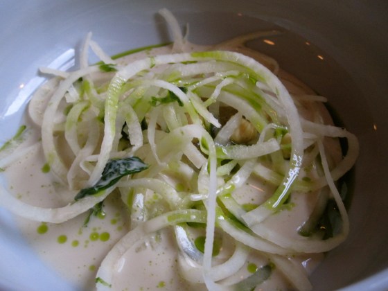 Glass cabbage and seaweed wtih lemon verbena sauce topped with lobster cream and juniper oil