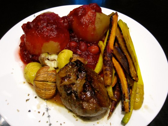 Wild boar with oven roasted chestnuts and carrots, stove pears, and cranberry sauce