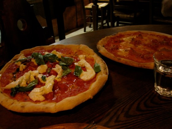 2 pizzas: margherita with mozzarella and salami