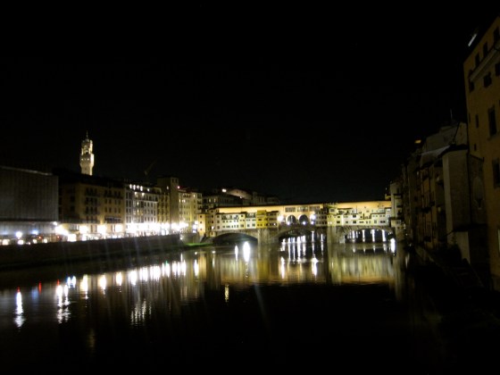 Crossing back to the otherside of the Arno; view of the Ponte Vecchio at night