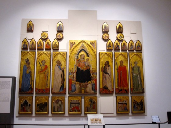 "Madonna and Child Enthroned with Angels, St. Zenobius, St. Nereus, St. John the Baptist, St. John the Evangelist, St. Achilleus, St. Reparata; Apostles, Prophets, Stories from the Life of the Virgin" Bernardo Daddi, 1335